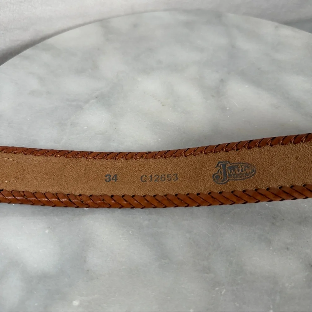 Brown Leather belt western‎ black tooled stitching Silver Buckle cowboy cowgirl